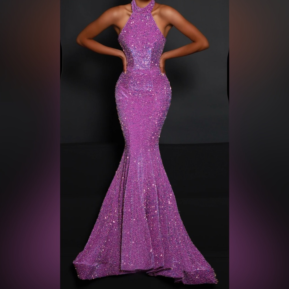 Johnathan Kayne Sparkling Magenta Halter Mermaid Prom Gown